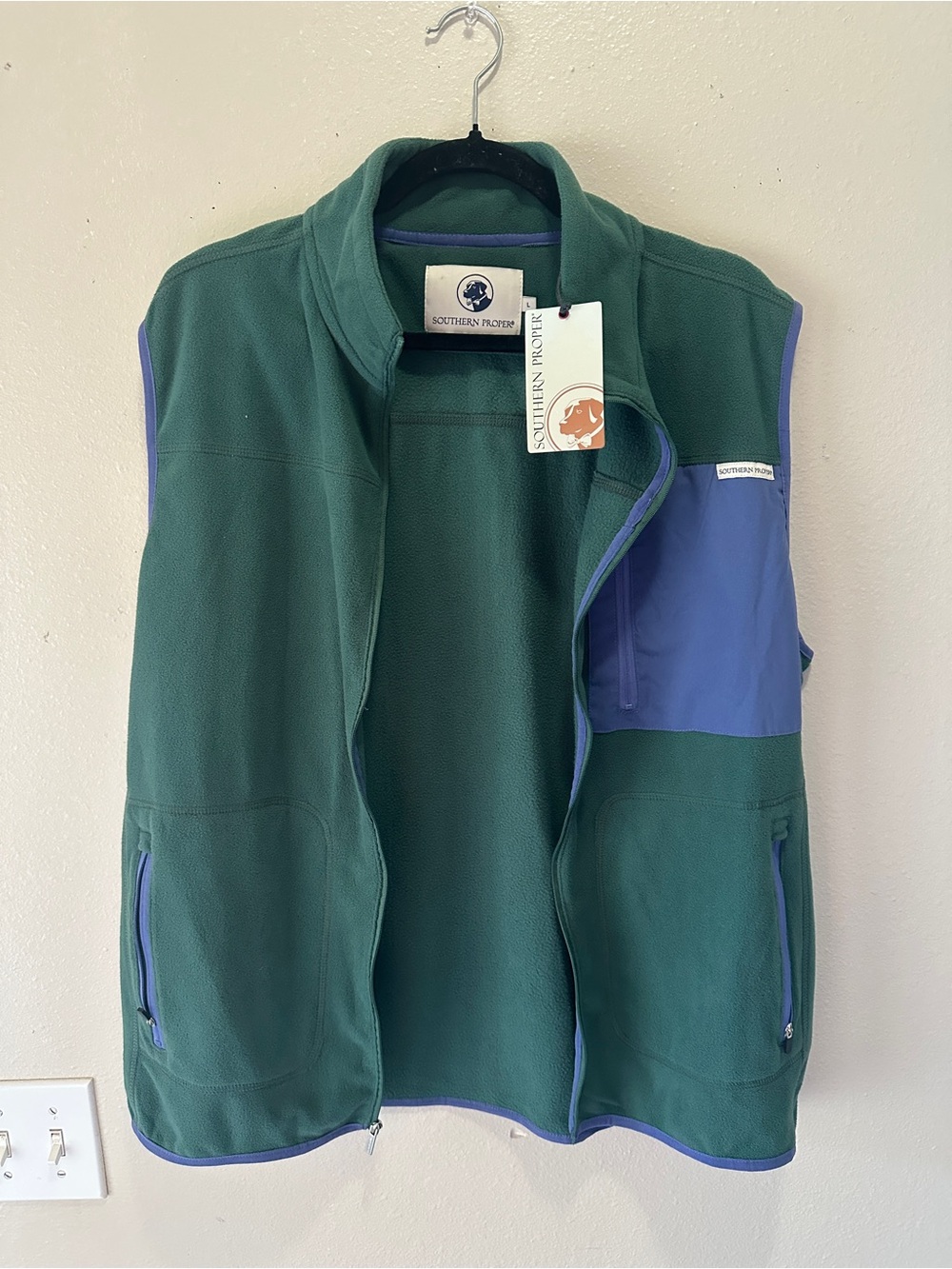 Southern Proper Green Fleece Vest with Periwinkle Accents